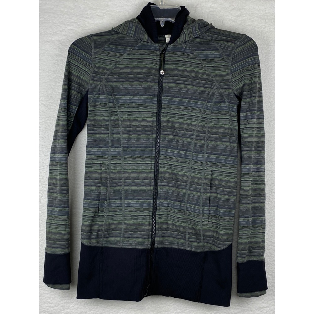 Lululemon Athletica Women 8 Green Grey Striped Full Zip Hooded Jacket Thumbhole